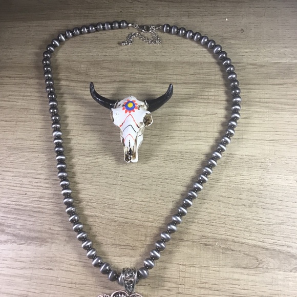 Turquoise and Silver Beaded Necklace With Large Squash Blossom Pendant - Picture 2 of 7